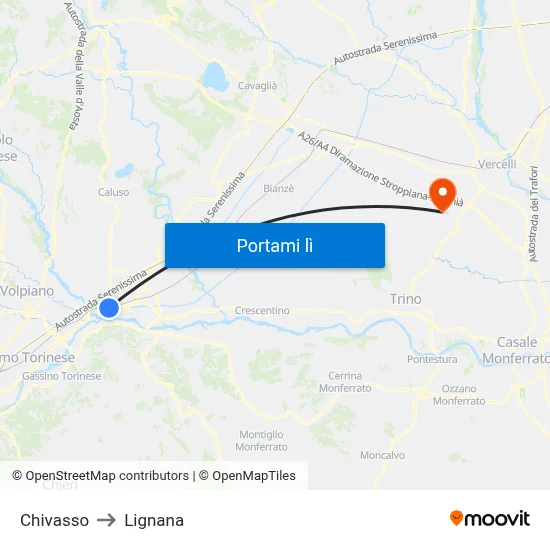 Chivasso to Lignana map