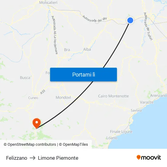 Felizzano to Limone Piemonte map