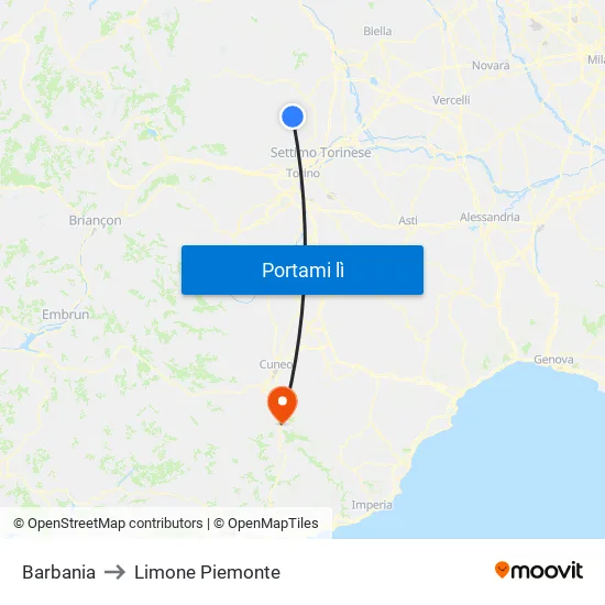 Barbania to Limone Piemonte map