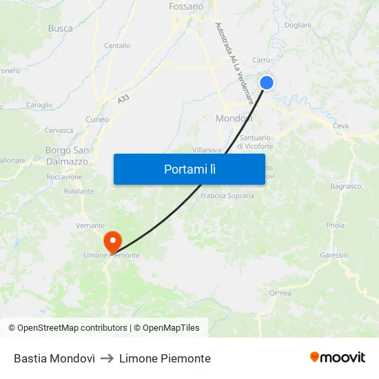 Bastia Mondovì to Limone Piemonte map