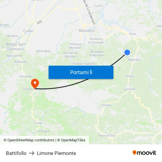 Battifollo to Limone Piemonte map