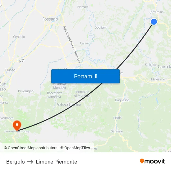 Bergolo to Limone Piemonte map