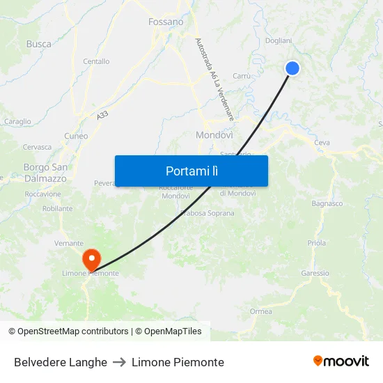 Belvedere Langhe to Limone Piemonte map