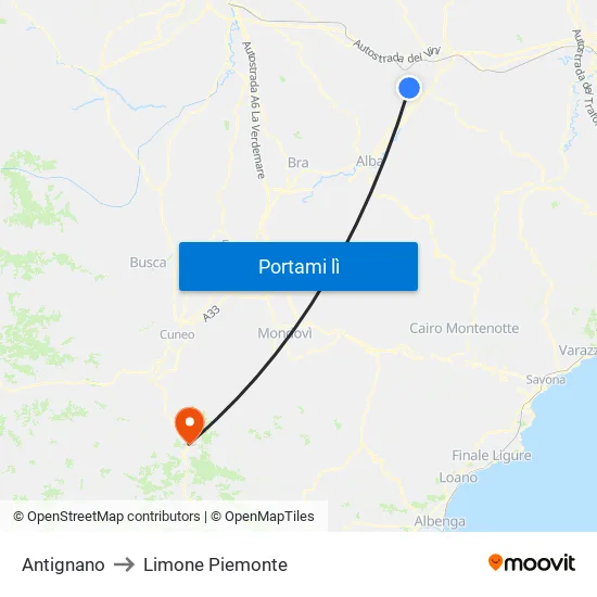 Antignano to Limone Piemonte map