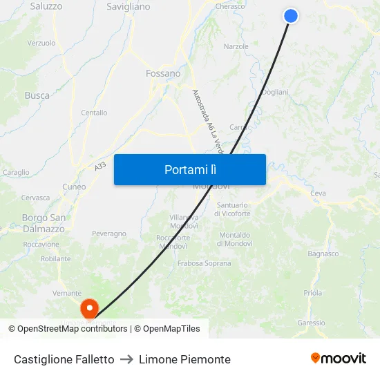 Castiglione Falletto to Limone Piemonte map