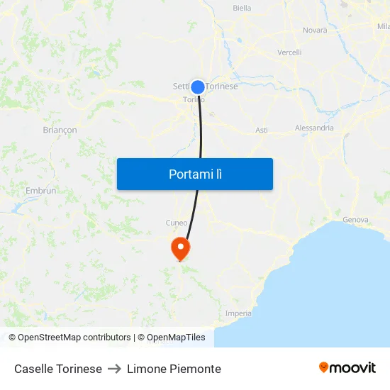 Caselle Torinese to Limone Piemonte map