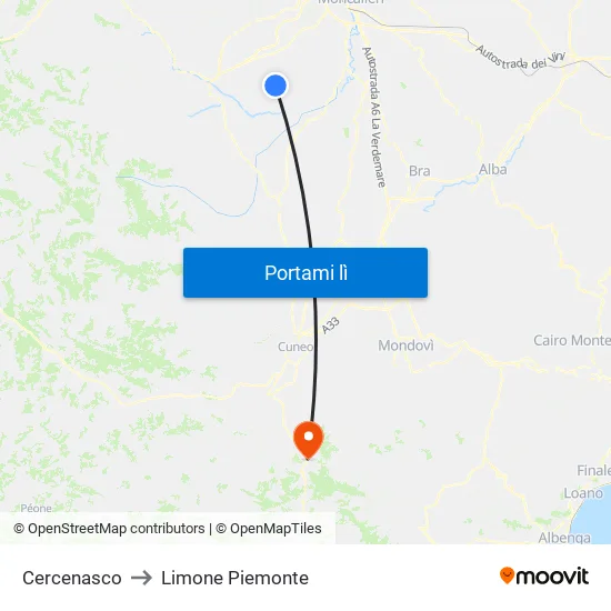 Cercenasco to Limone Piemonte map