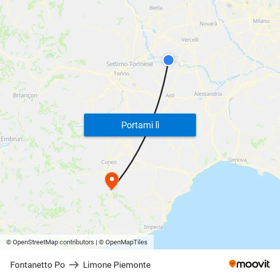 Fontanetto Po to Limone Piemonte map