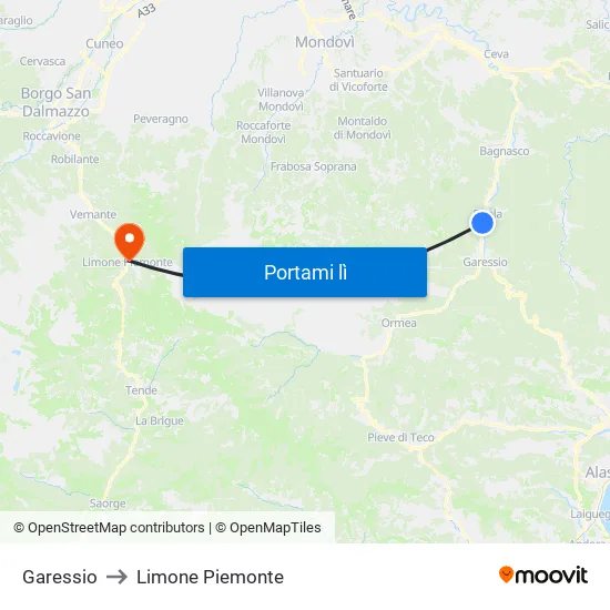 Garessio to Limone Piemonte map