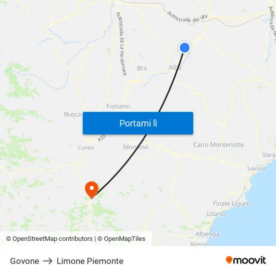 Govone to Limone Piemonte map