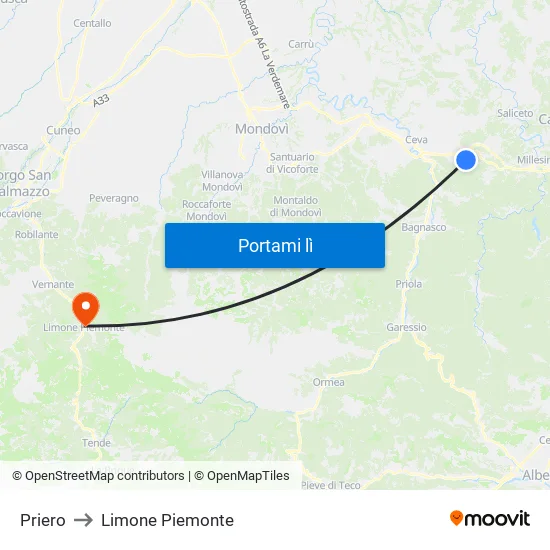 Priero to Limone Piemonte map