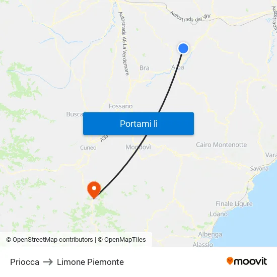 Priocca to Limone Piemonte map