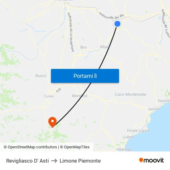 Revigliasco D' Asti to Limone Piemonte map