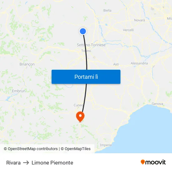 Rivara to Limone Piemonte map