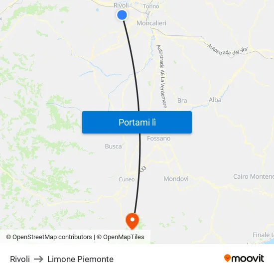 Rivoli to Limone Piemonte map