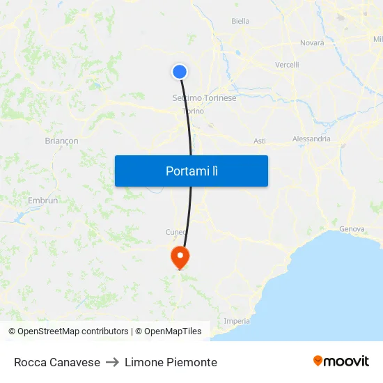 Rocca Canavese to Limone Piemonte map