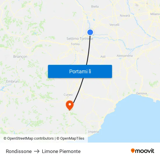 Rondissone to Limone Piemonte map