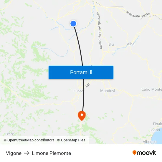 Vigone to Limone Piemonte map