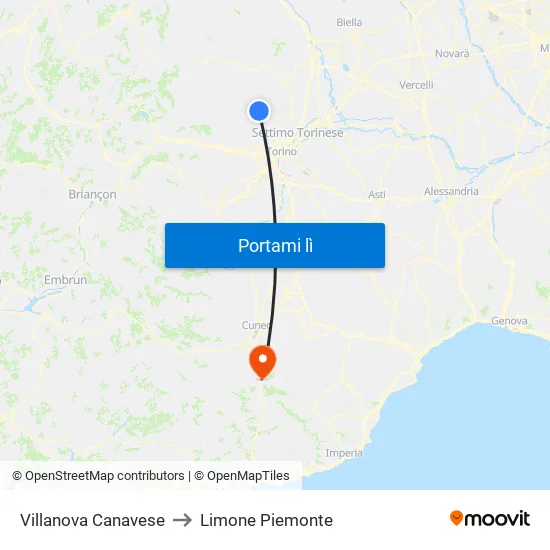 Villanova Canavese to Limone Piemonte map