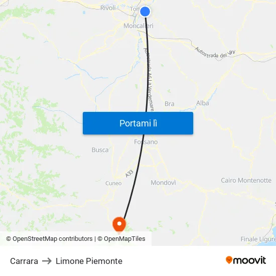 Carrara to Limone Piemonte map
