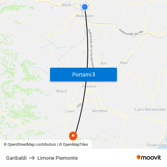 Garibaldi to Limone Piemonte map