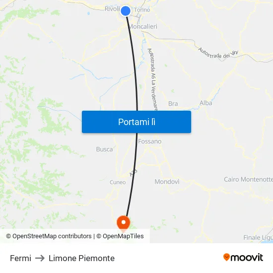 Fermi to Limone Piemonte map