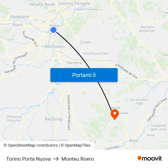Torino Porta Nuova to Monteu Roero map