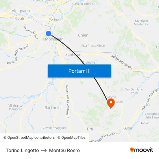 Torino Lingotto to Monteu Roero map