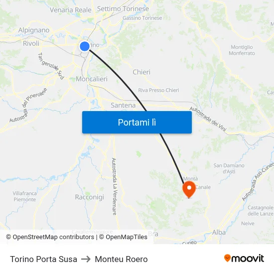Torino Porta Susa to Monteu Roero map