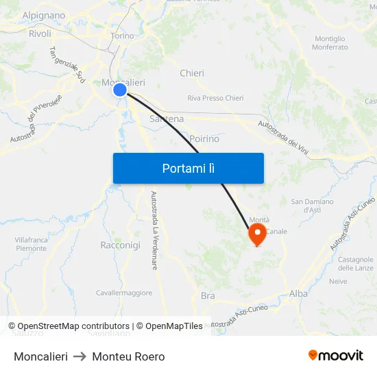Moncalieri to Monteu Roero map