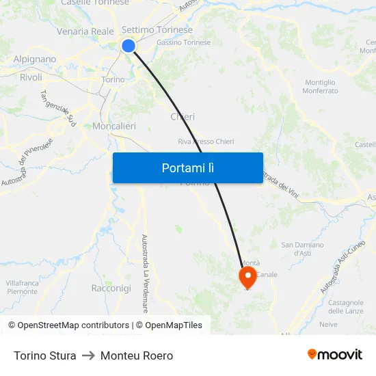 Torino Stura to Monteu Roero map
