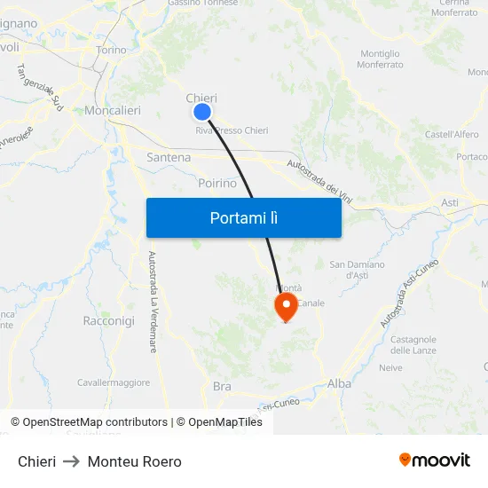 Chieri to Monteu Roero map