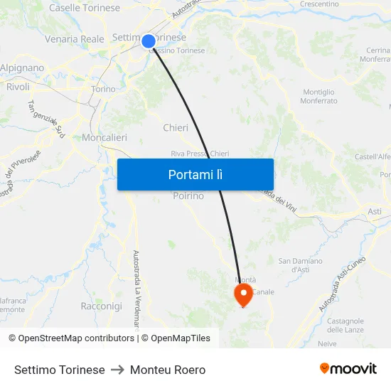 Settimo Torinese to Monteu Roero map