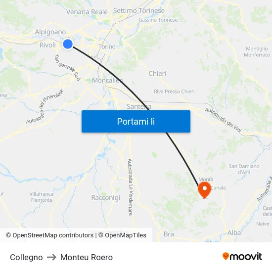 Collegno to Monteu Roero map