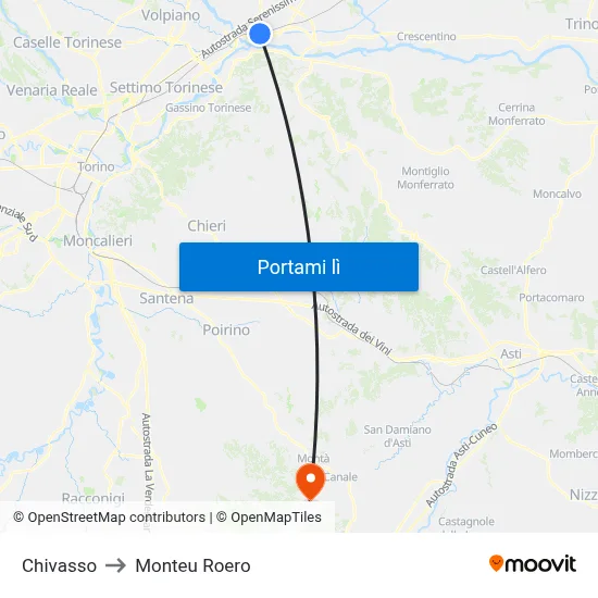 Chivasso to Monteu Roero map