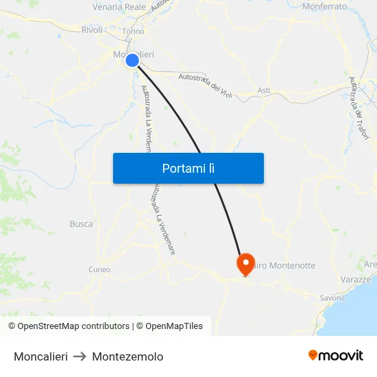 Moncalieri to Montezemolo map