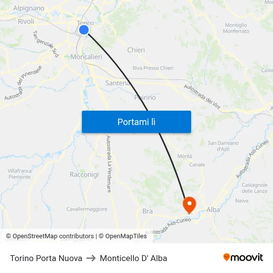Torino Porta Nuova to Monticello D' Alba map