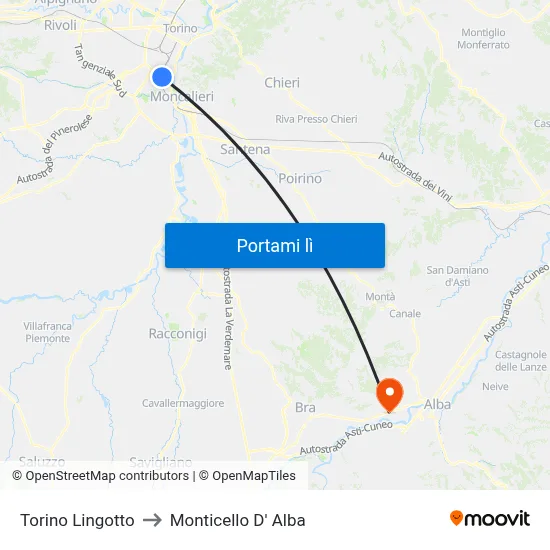 Torino Lingotto to Monticello D' Alba map