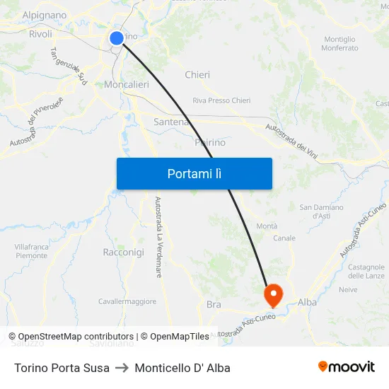 Torino Porta Susa to Monticello D' Alba map