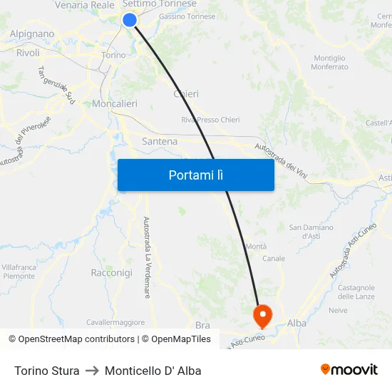 Torino Stura to Monticello D' Alba map