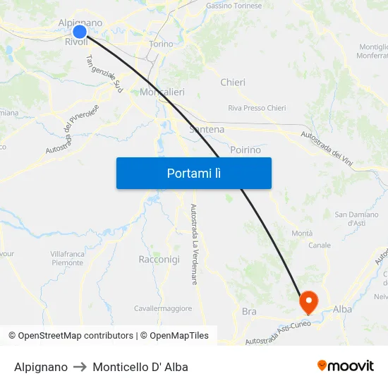 Alpignano to Monticello D' Alba map