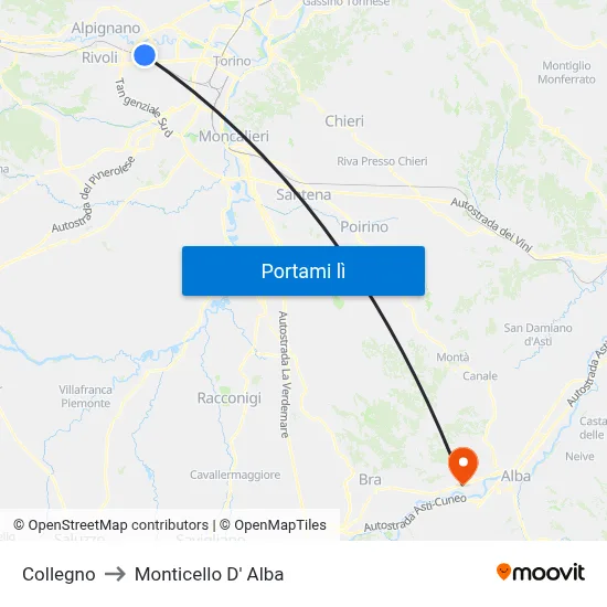 Collegno to Monticello D' Alba map