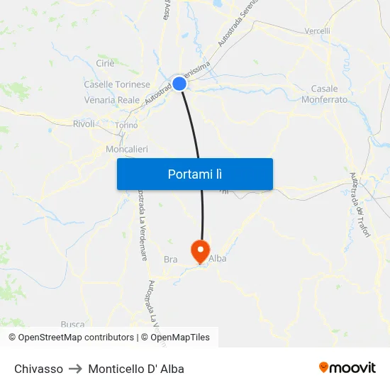 Chivasso to Monticello D' Alba map