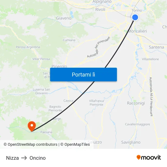 Nizza to Oncino map