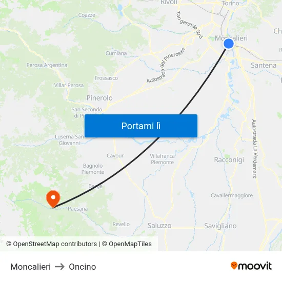 Moncalieri to Oncino map