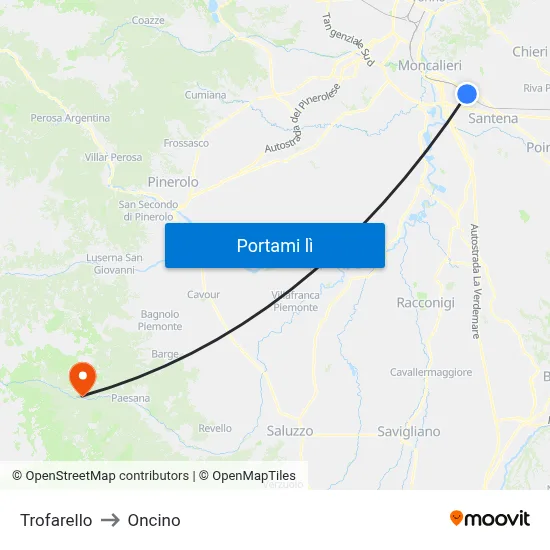 Trofarello to Oncino map