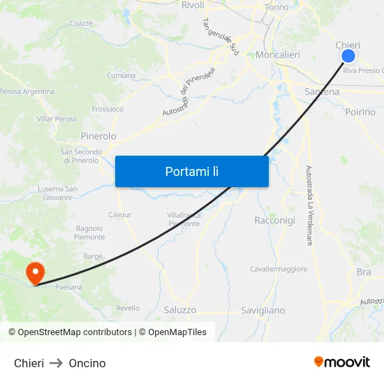 Chieri to Oncino map