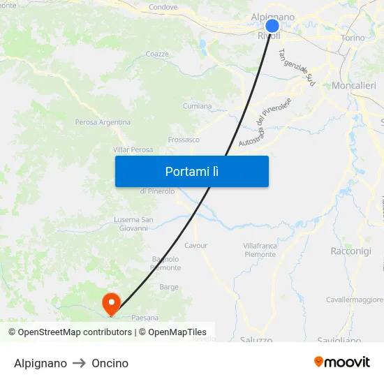 Alpignano to Oncino map