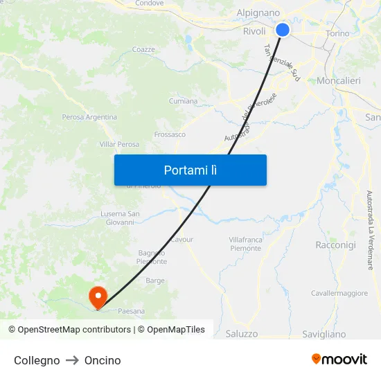 Collegno to Oncino map