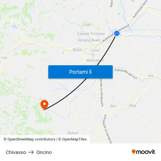 Chivasso to Oncino map